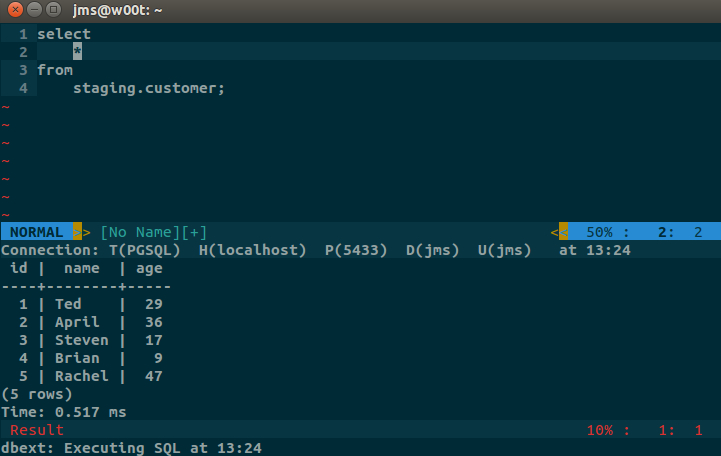SQL query and its database results displayed together in Vim using dbext.