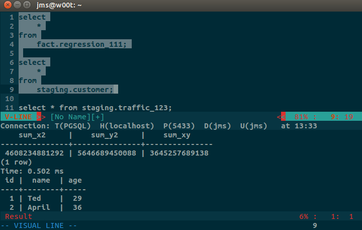 Selecting SQL lines in Vim visual mode to execute with dbext.